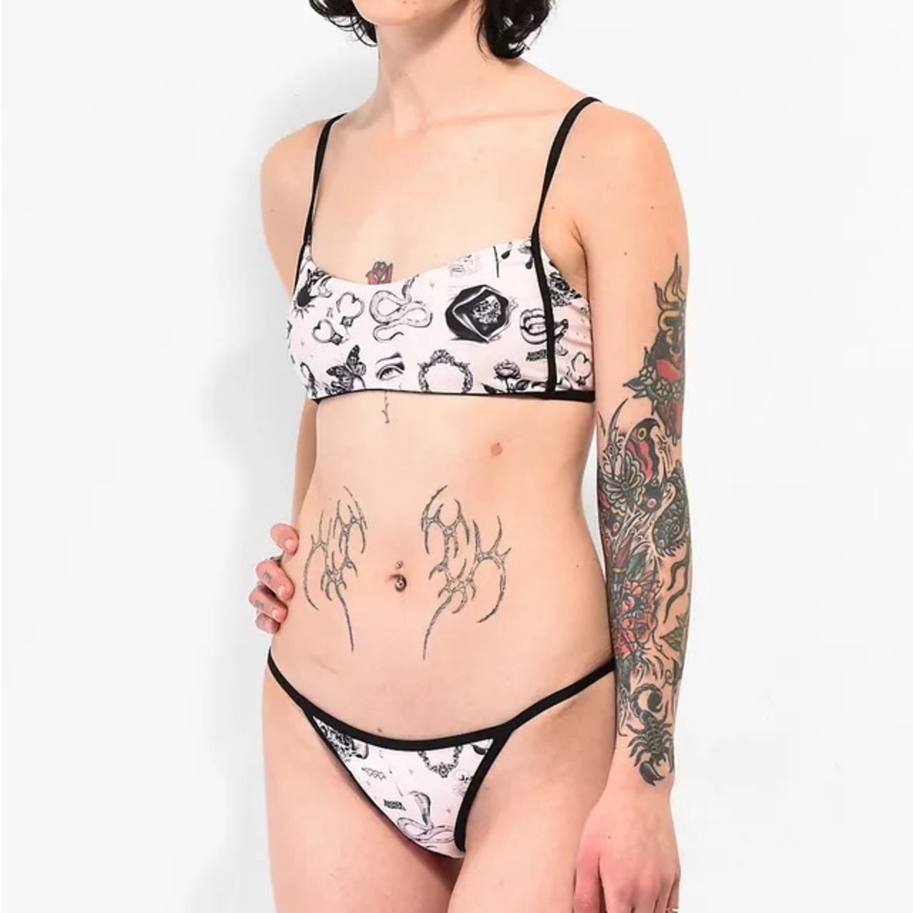 Pink Graphic Print Bikini Set with Black Trim